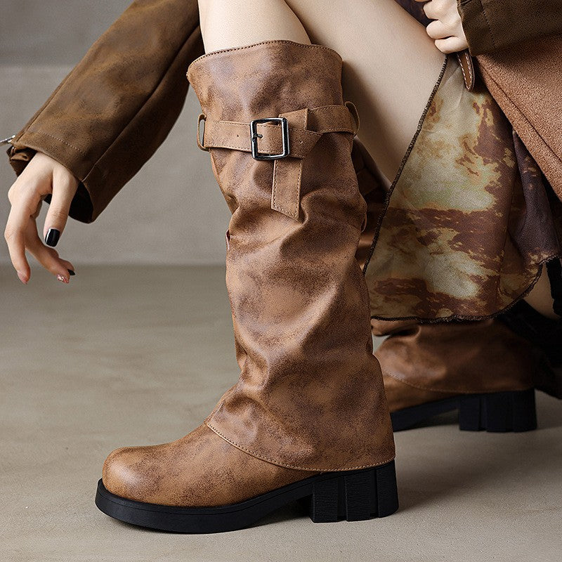 Distressed Slouchy Buckle Knee High Biker Boots