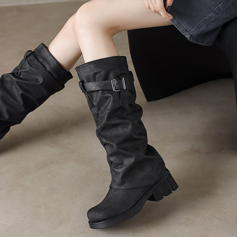 Distressed Slouchy Buckle Knee High Biker Boots