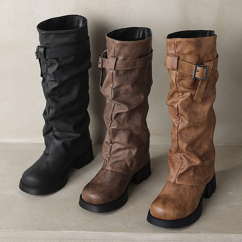 Distressed Slouchy Buckle Knee High Biker Boots