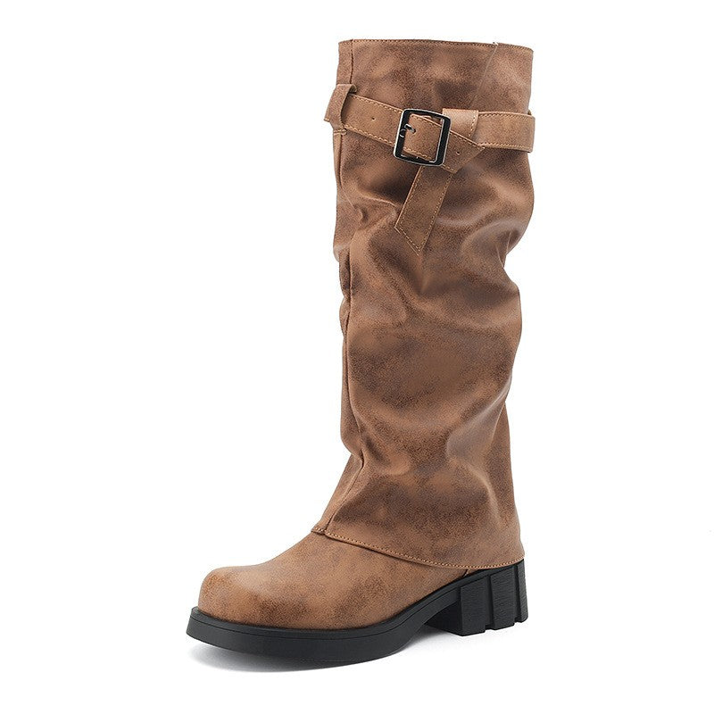 Distressed Slouchy Buckle Knee High Biker Boots