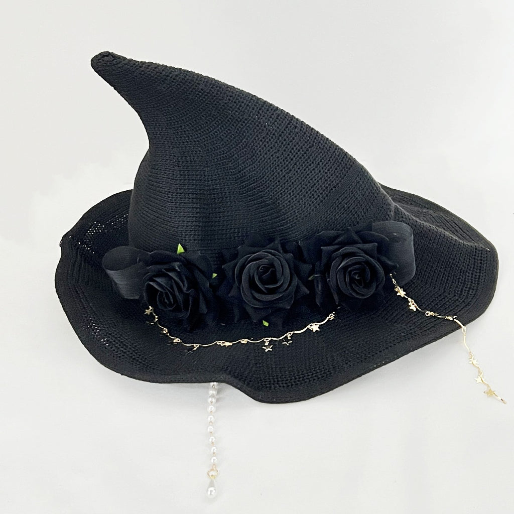 Knit Witch Hat With Flowers And Star Chain - Black