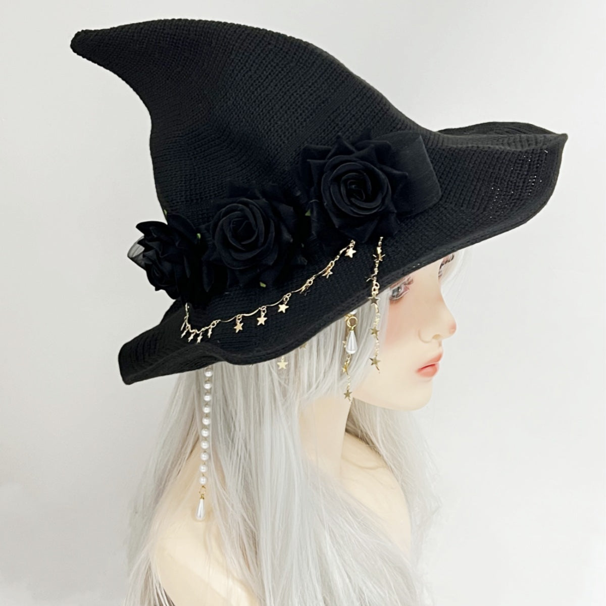 Knit Witch Hat With Flowers And Star Chain - Black - 1