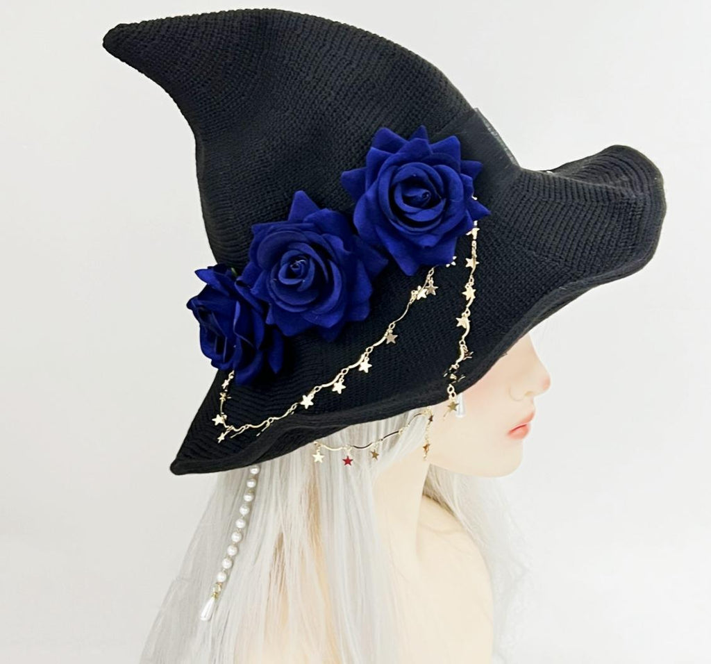 Knit Witch Hat With Flowers And Star Chain - DarkBlue