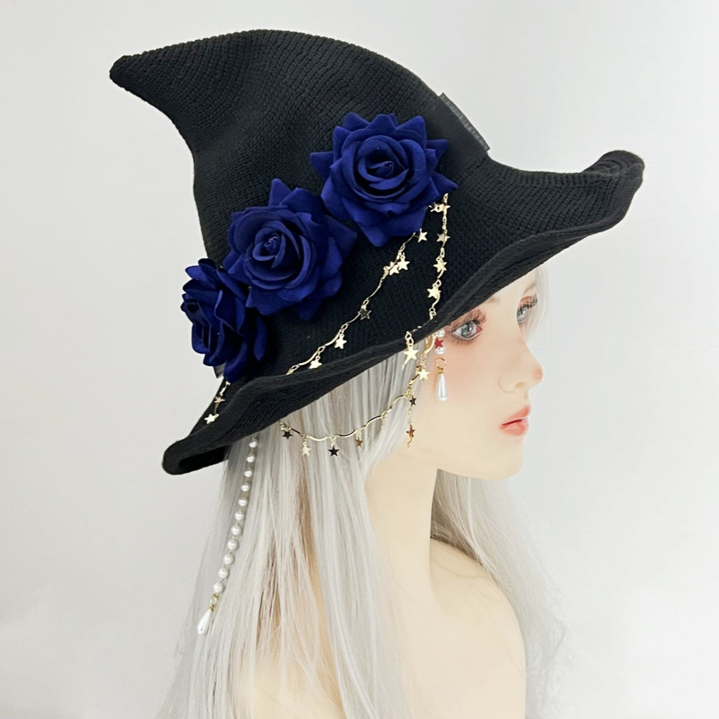 Knit Witch Hat With Flowers And Star Chain - DarkBlue - 1