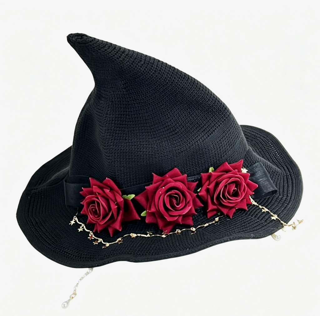 Knit Witch Hat With Flowers And Star Chain - Red