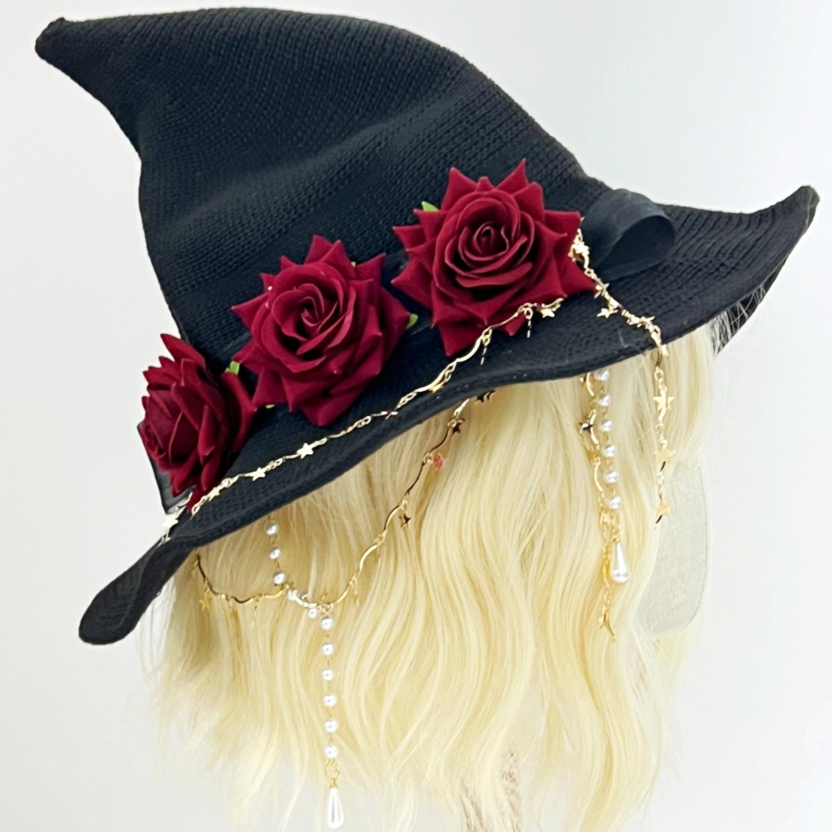 Knit Witch Hat With Flowers And Star Chain - Red - 1