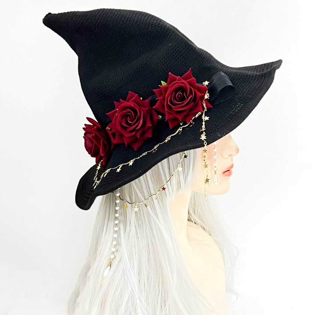 Knit Witch Hat With Flowers And Star Chain - Red - 3
