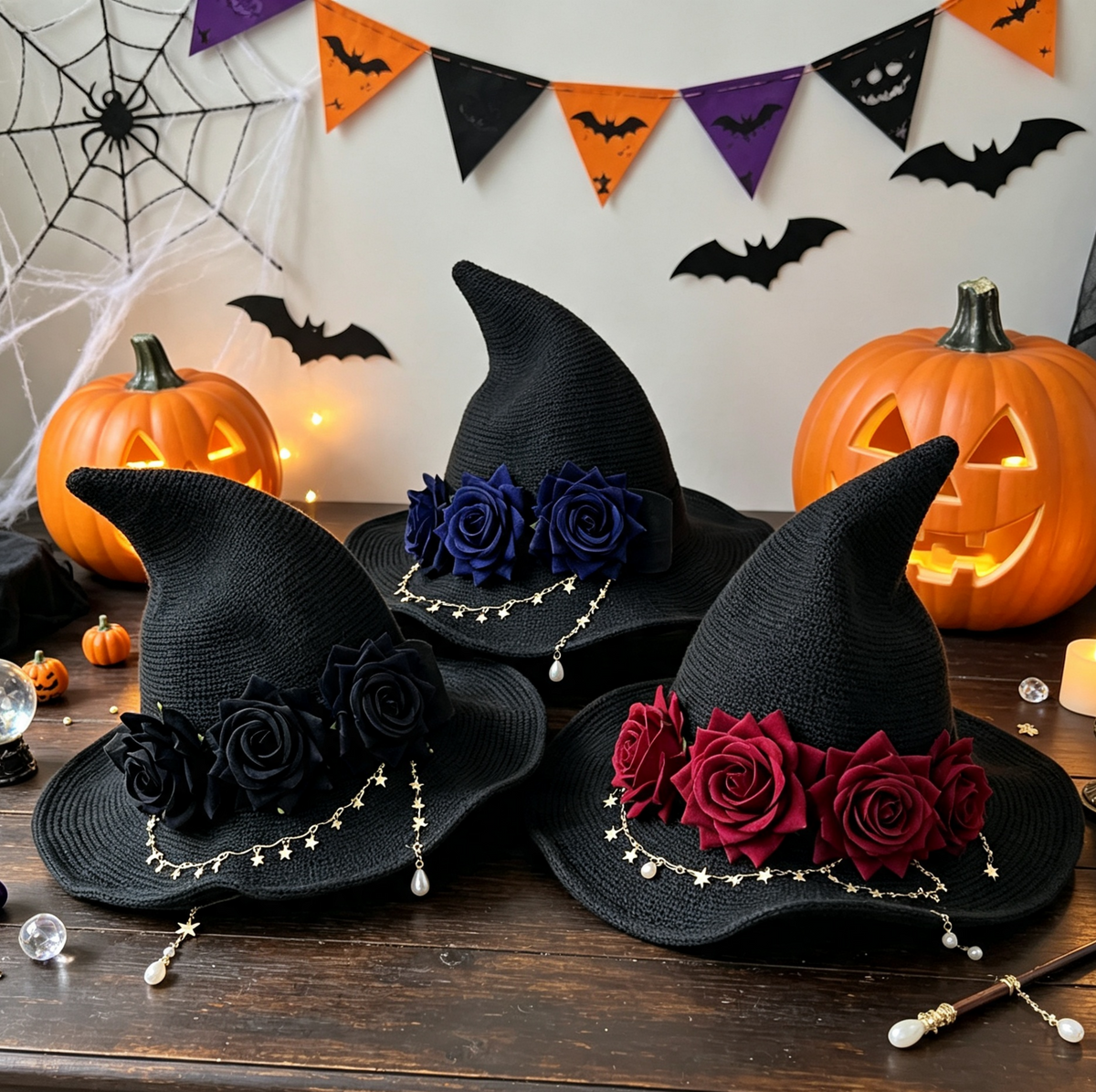 Knit Witch Hat With Flowers And Star Chain