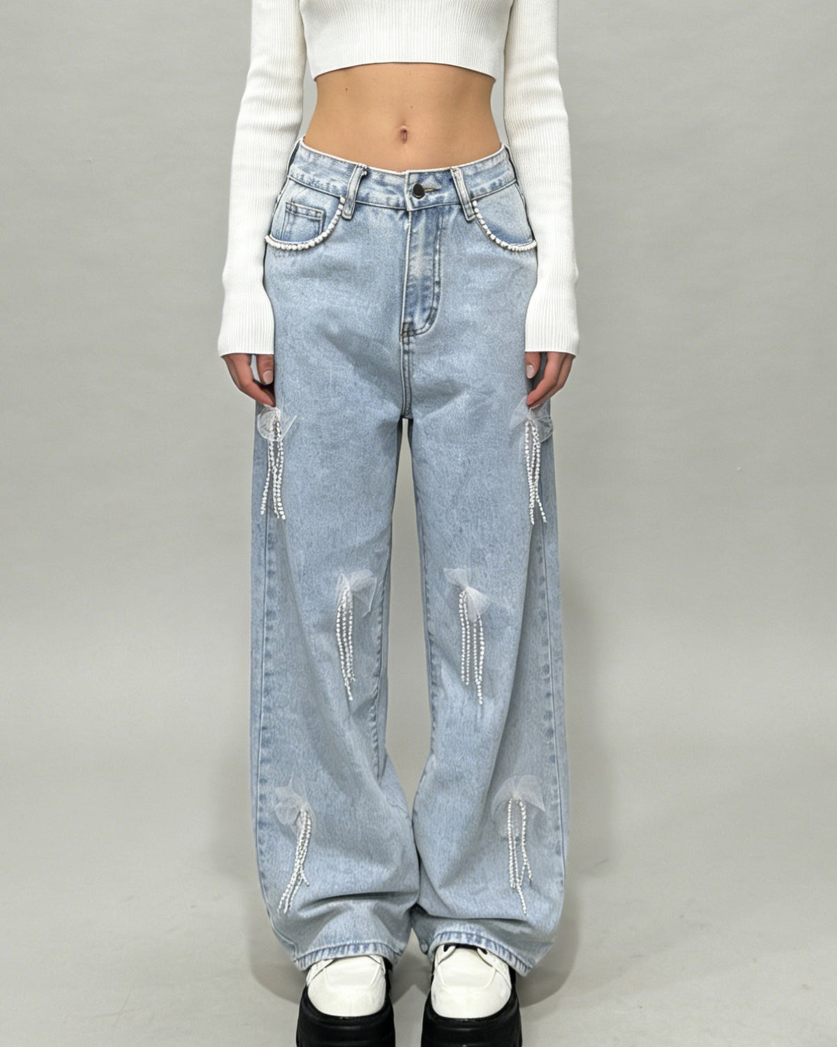 Beaded Bow Detail Wide Leg Baggy Jeans
