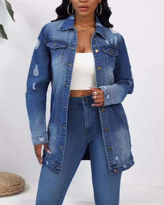 Distressed Longline Button-Up Denim Jacket - Blue