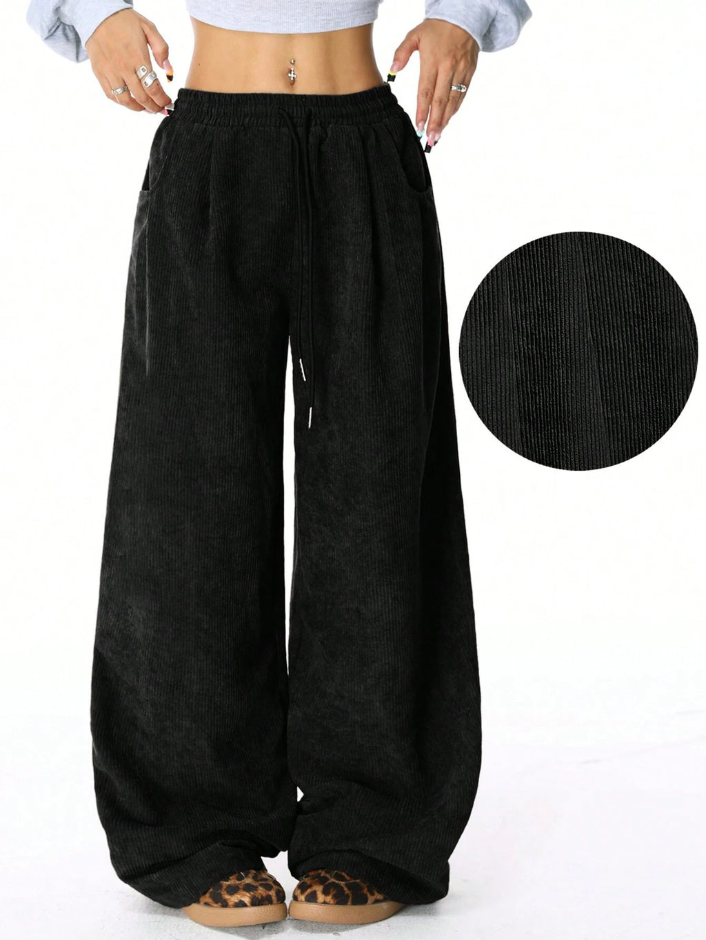 Ribbed Wide Leg Drawstring Pants - Black