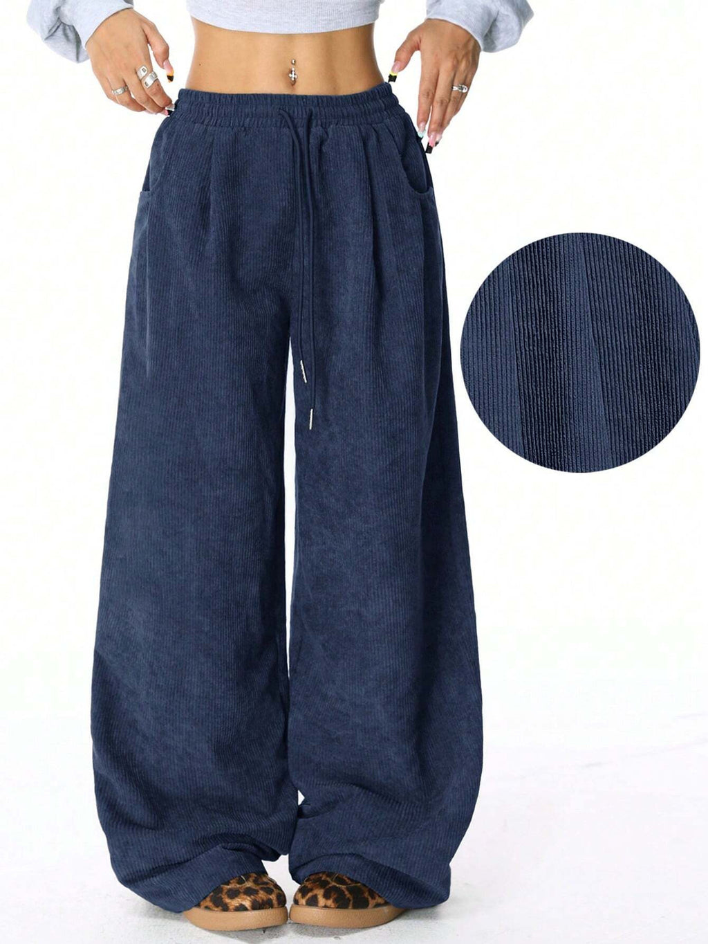 Ribbed Wide Leg Drawstring Pants - Blue