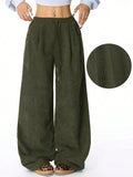 Ribbed Wide Leg Drawstring Pants - Green