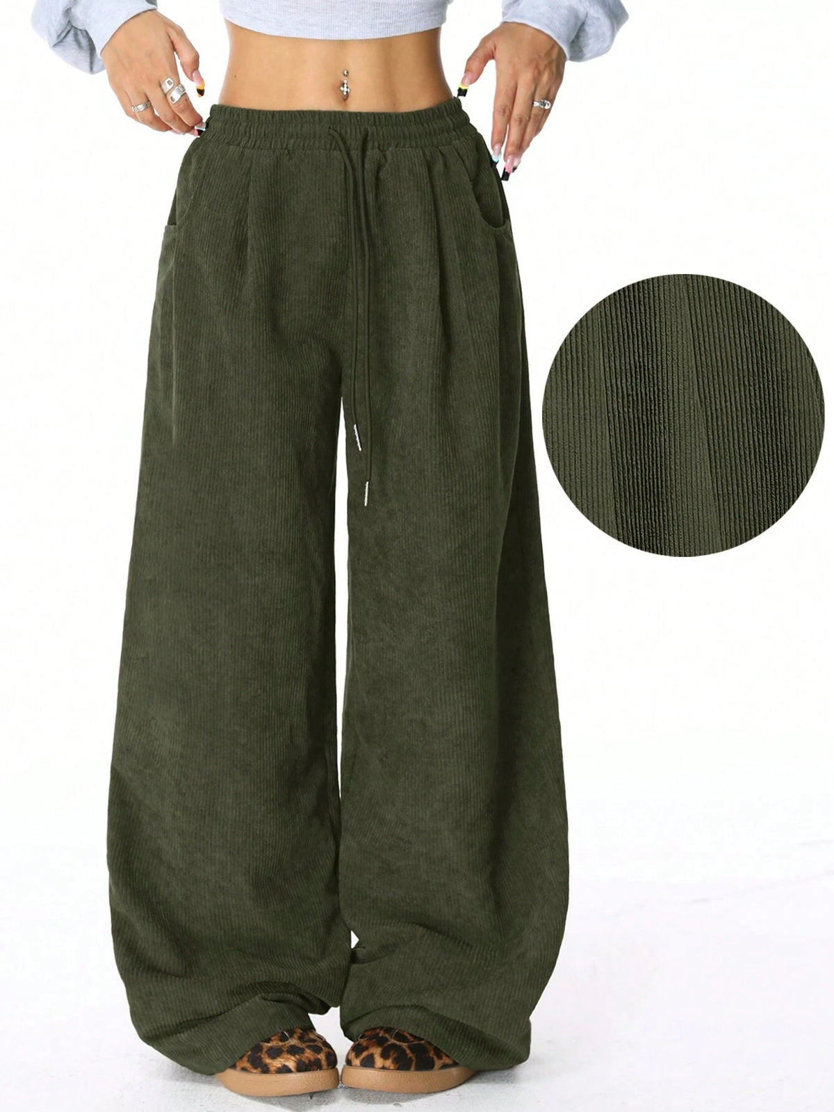 Ribbed Wide Leg Drawstring Pants - Green