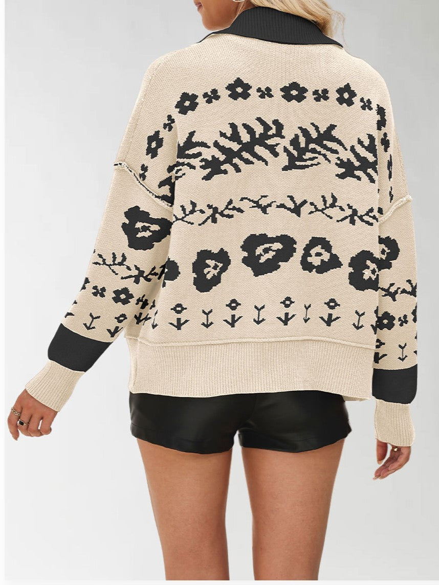 Floral Jacquard Oversized Button Cardigan - Beige - 1