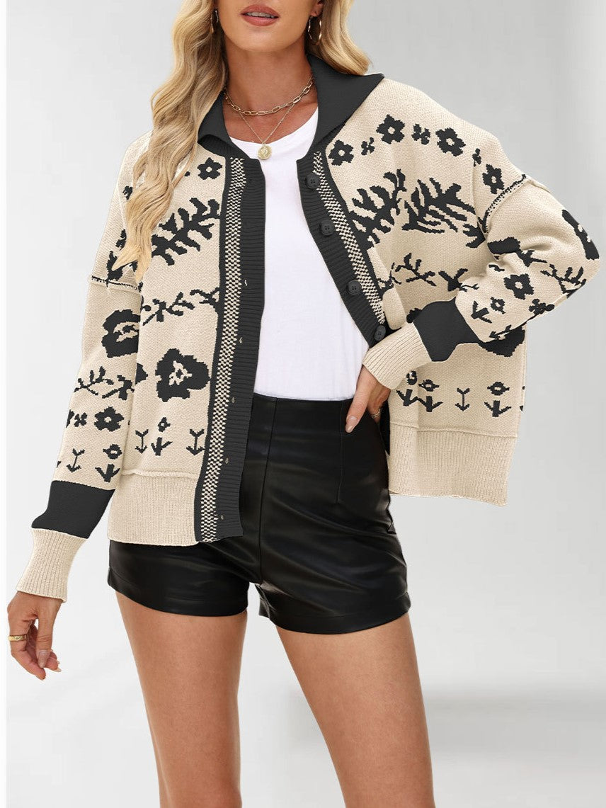Floral Jacquard Oversized Button Cardigan - Beige - 2