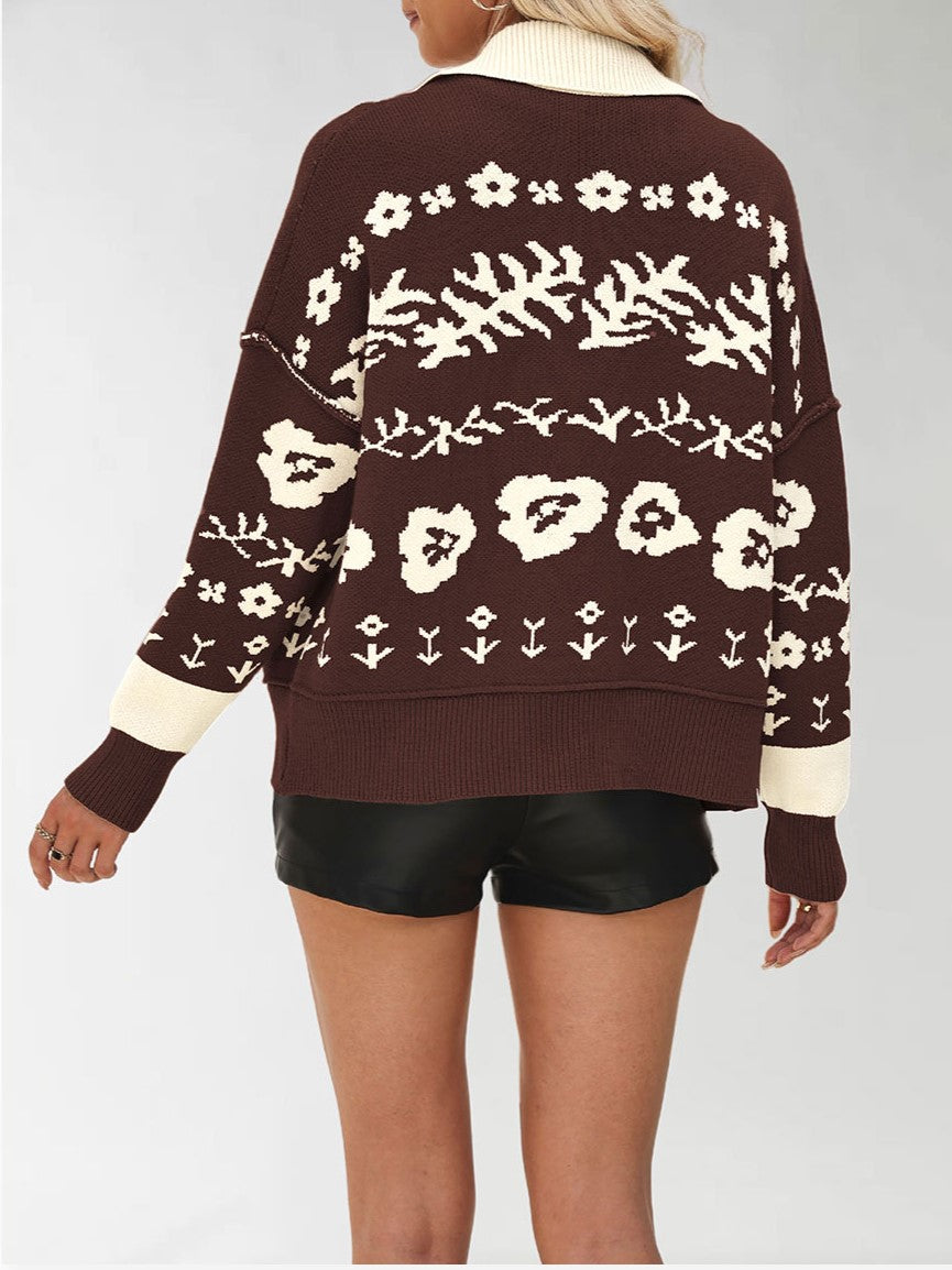 Floral Jacquard Oversized Button Cardigan - Coffee - 1