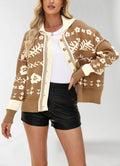Floral Jacquard Oversized Button Cardigan - Khaki