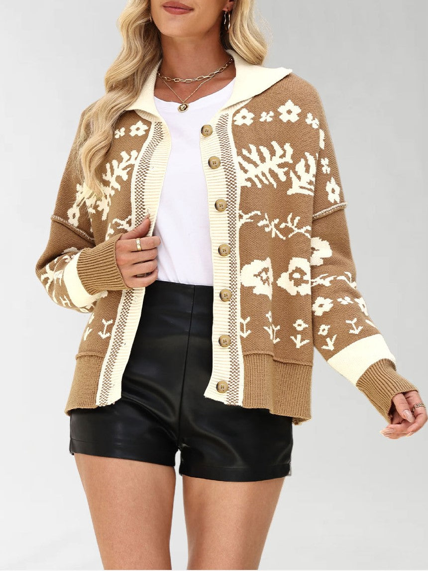 Floral Jacquard Oversized Button Cardigan - Khaki - 1