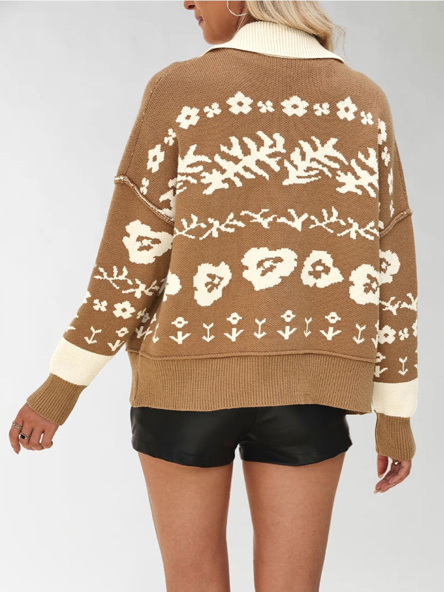 Floral Jacquard Oversized Button Cardigan - Khaki - 3