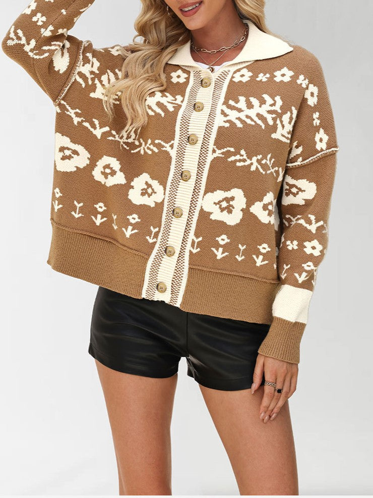 Floral Jacquard Oversized Button Cardigan - Khaki - 4