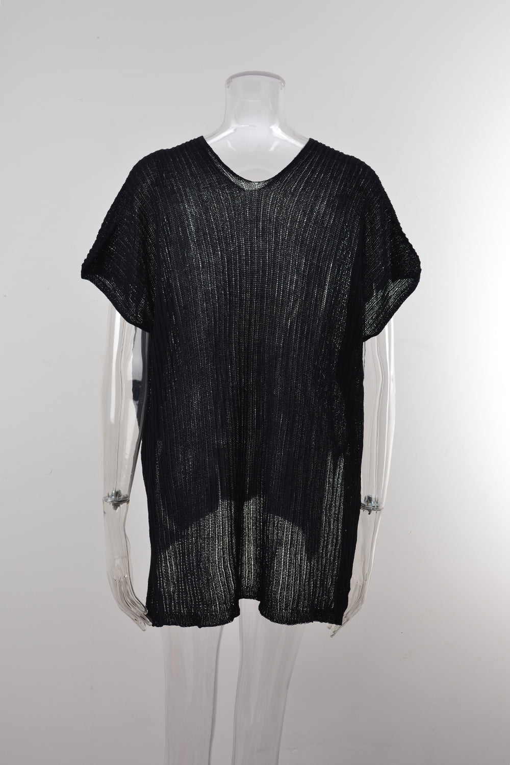 Oversized Sheer Knit Tunic Beach Cover Up - Black - 4