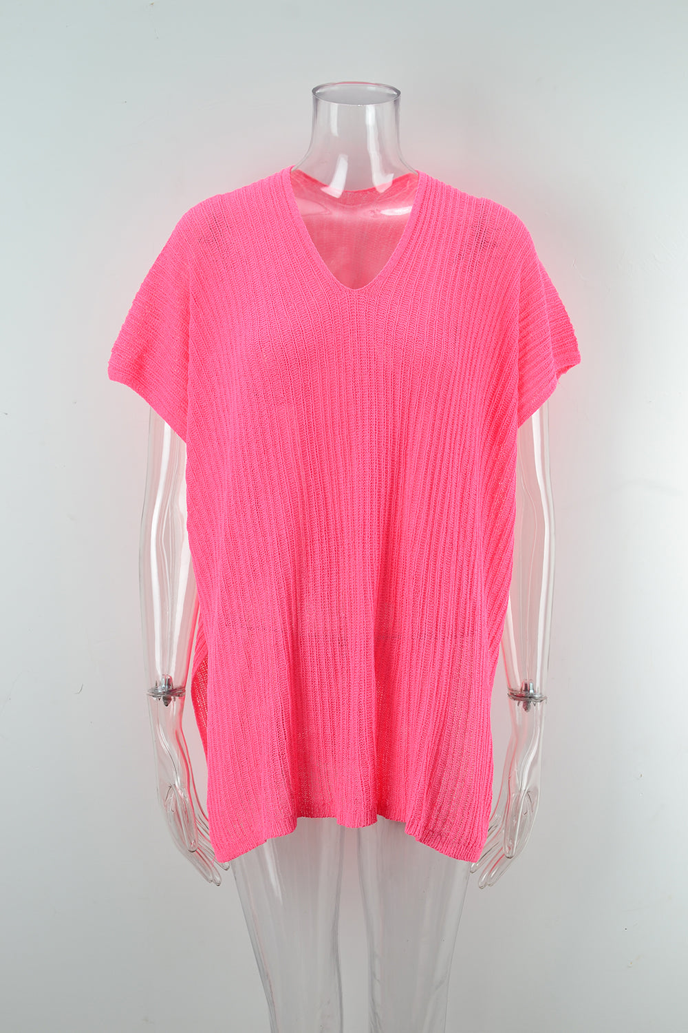 Oversized Sheer Knit Tunic Beach Cover Up - Rose Red - 4