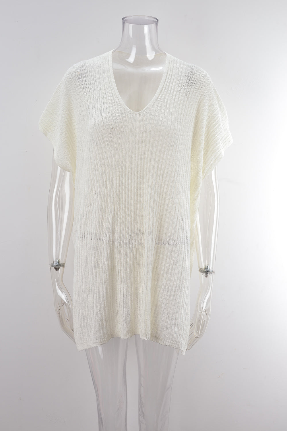 Oversized Sheer Knit Tunic Beach Cover Up - White - 2
