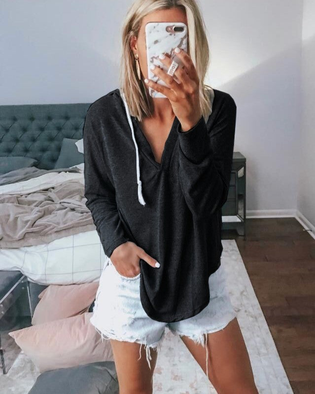 V-Neck Hooded Tee With Chest Pocket - Black