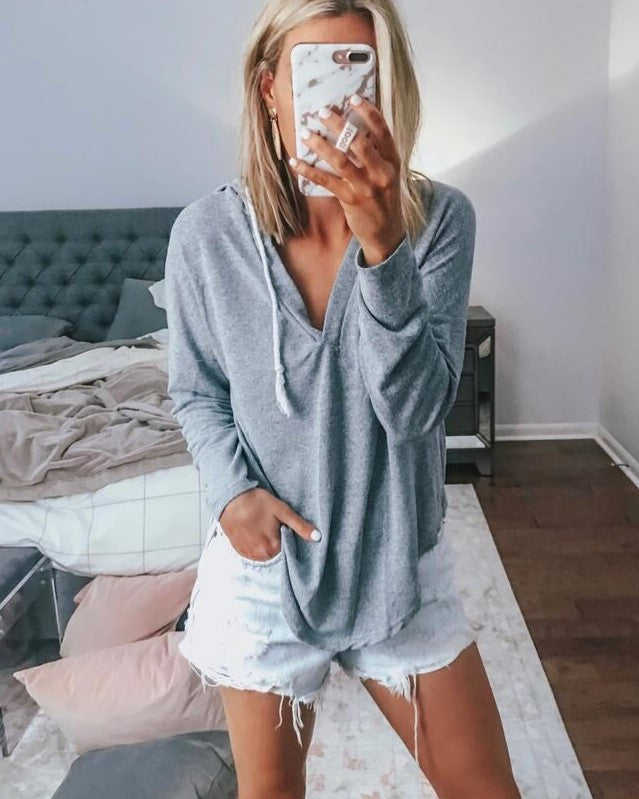 V-Neck Hooded Tee With Chest Pocket - Gray
