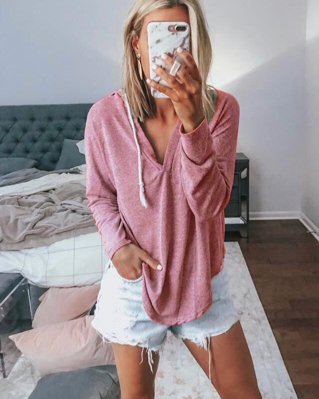 V-Neck Hooded Tee With Chest Pocket - Pink