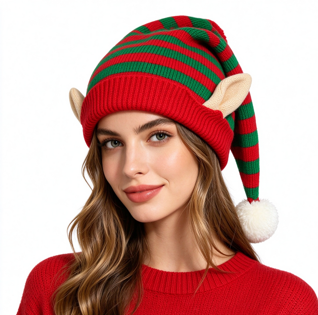 Elf Ear Knit Beanie with Pom Pom for Christmas - GRed