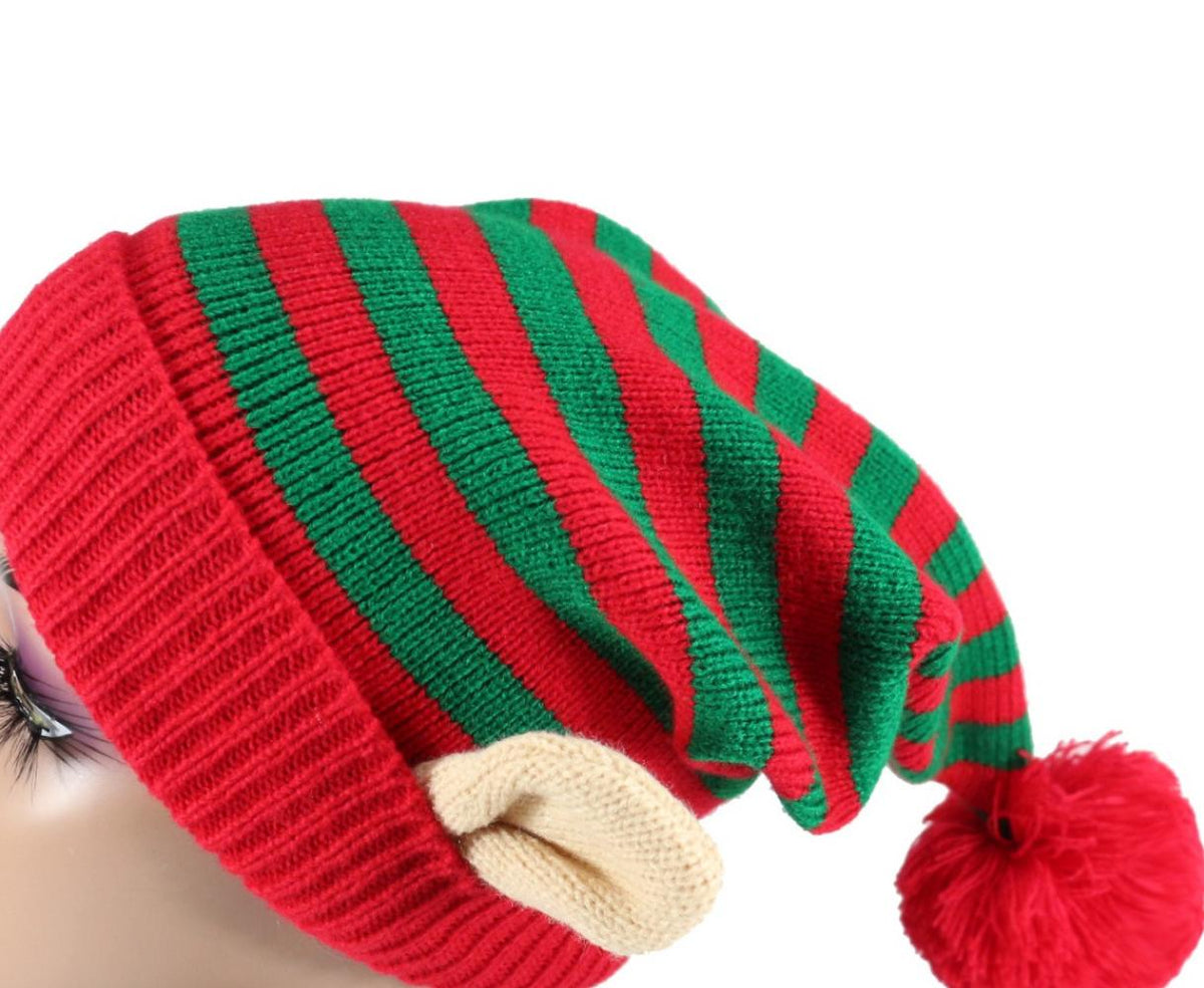 Elf Ear Knit Beanie with Pom Pom for Christmas - GRed - 2