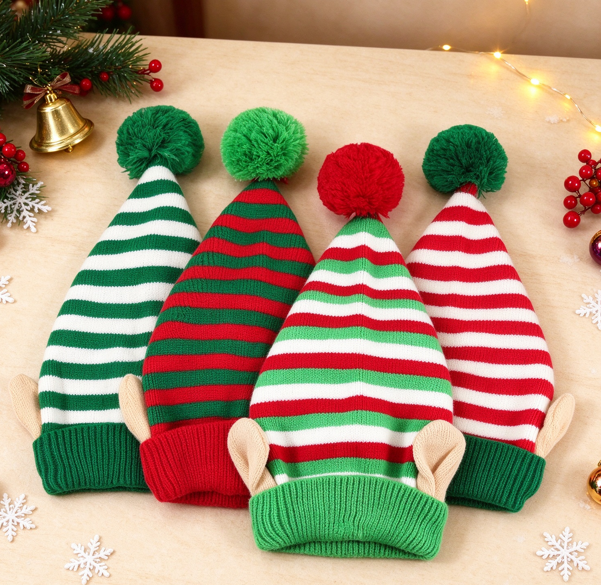 Elf Ear Knit Beanie with Pom Pom for Christmas - GRed - 3