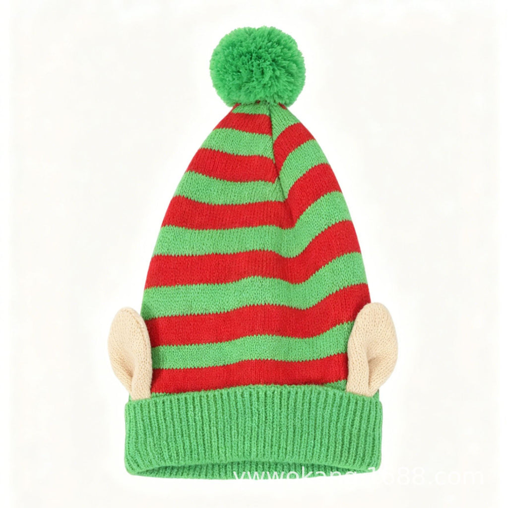 Elf Ear Knit Beanie with Pom Pom for Christmas - RGreen