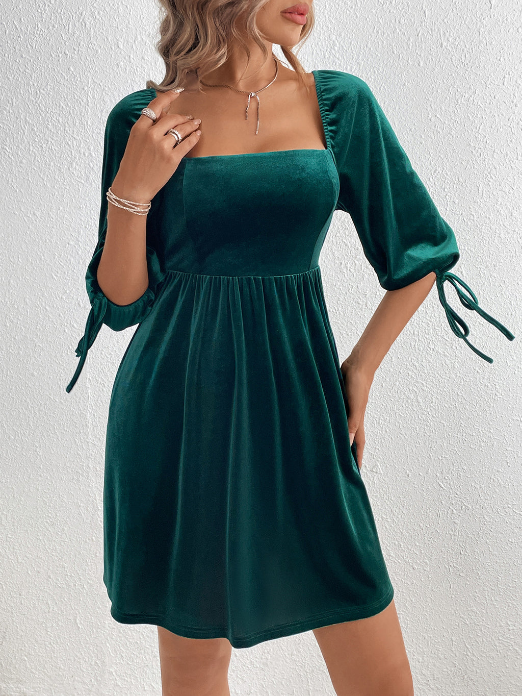 Velvet Lace Up Back Mini Dress - Forest - 1