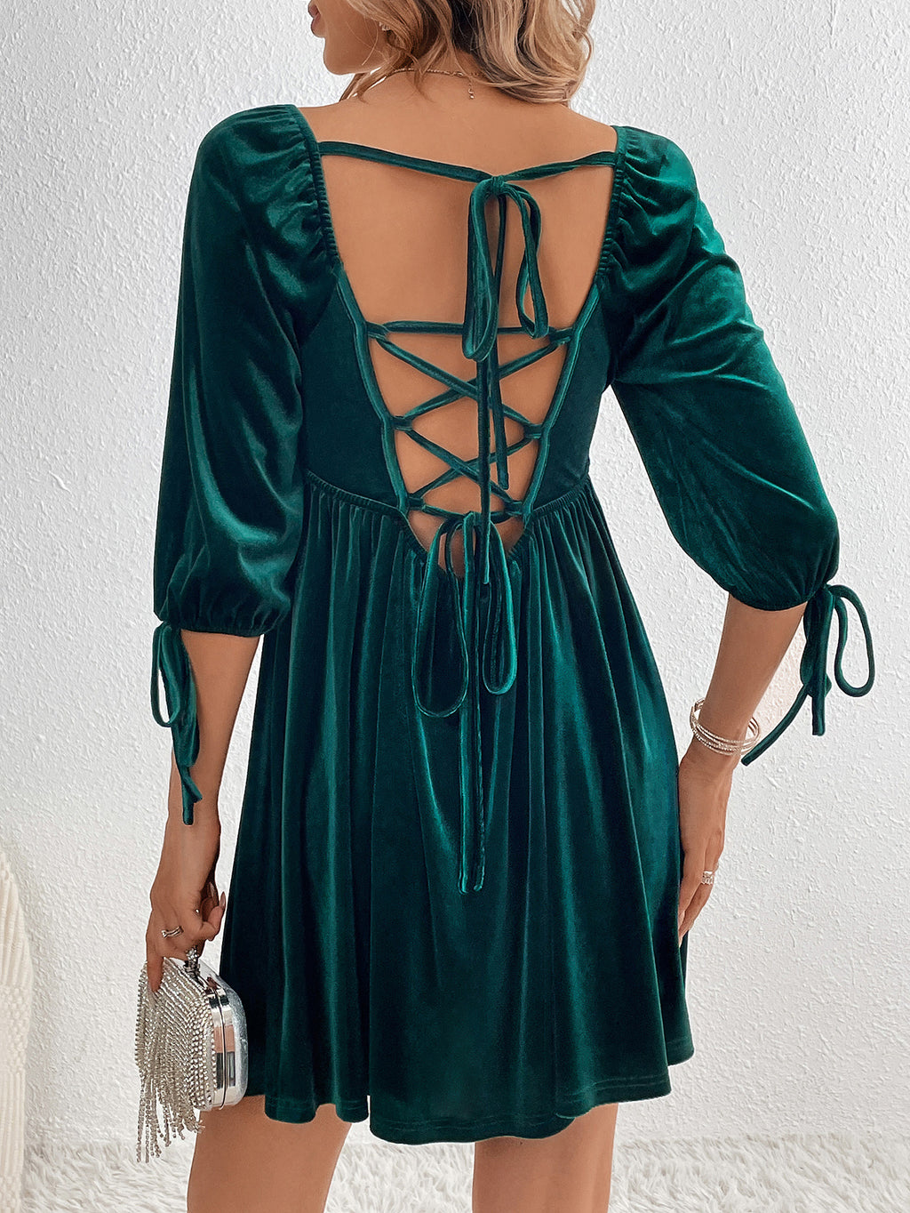 Velvet Lace Up Back Mini Dress - Forest - 2