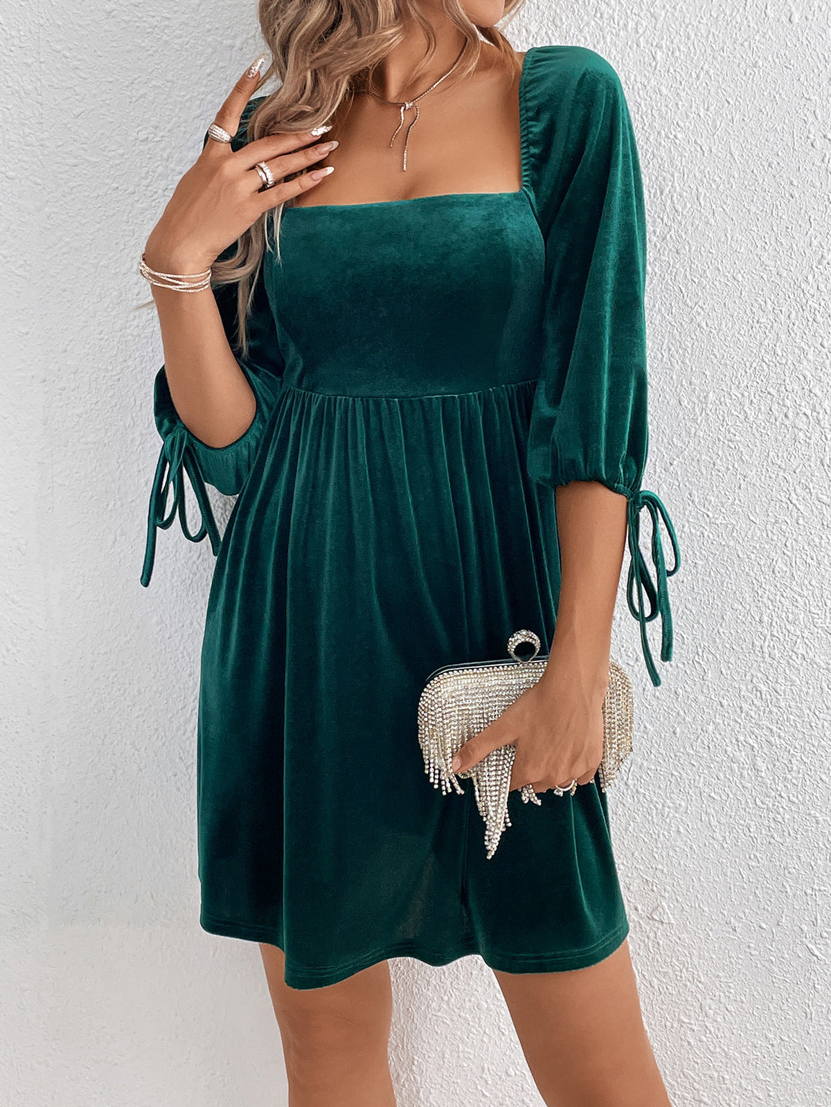 Velvet Lace Up Back Mini Dress - Forest - 3