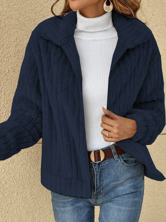 Plush Faux Fur Cropped Lapel Coat - Darkblue