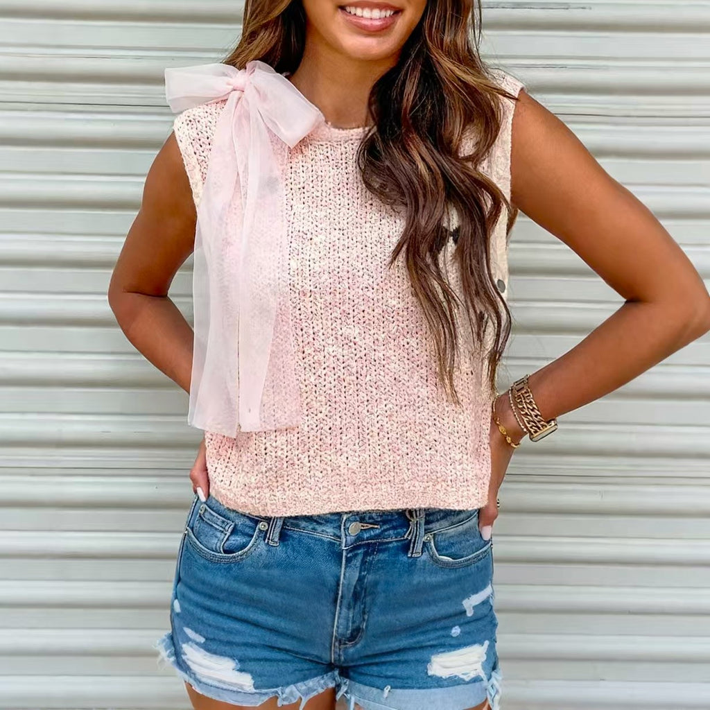 Tulle Bow Sleeveless Knit Tank Top - Pink
