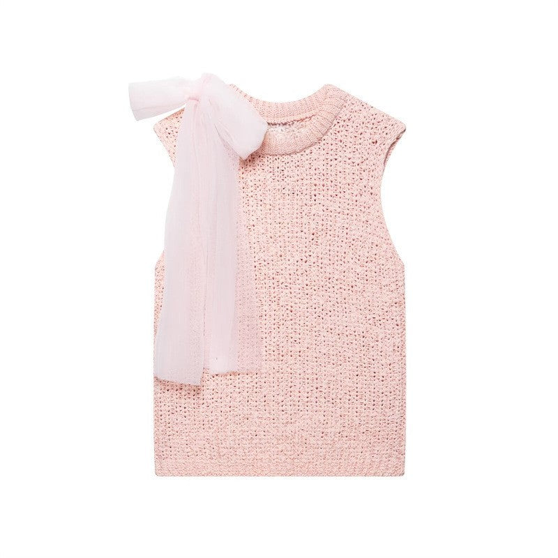 Tulle Bow Sleeveless Knit Tank Top - Pink - 1