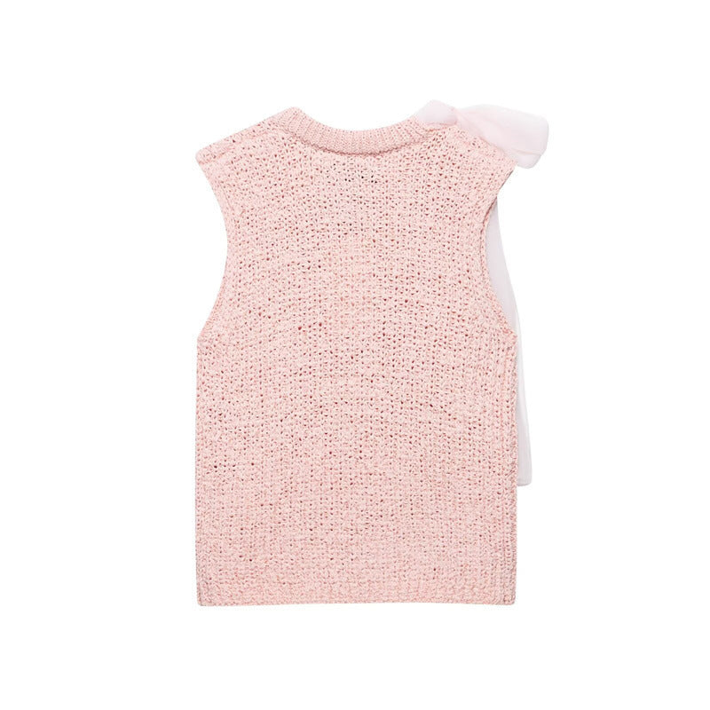 Tulle Bow Sleeveless Knit Tank Top - Pink - 2