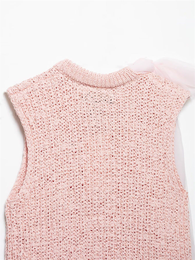 Tulle Bow Sleeveless Knit Tank Top - Pink - 4