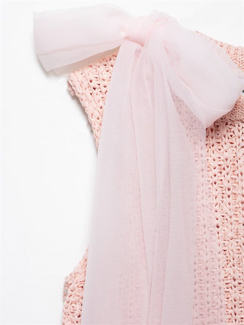 Tulle Bow Sleeveless Knit Tank Top - Pink - 5
