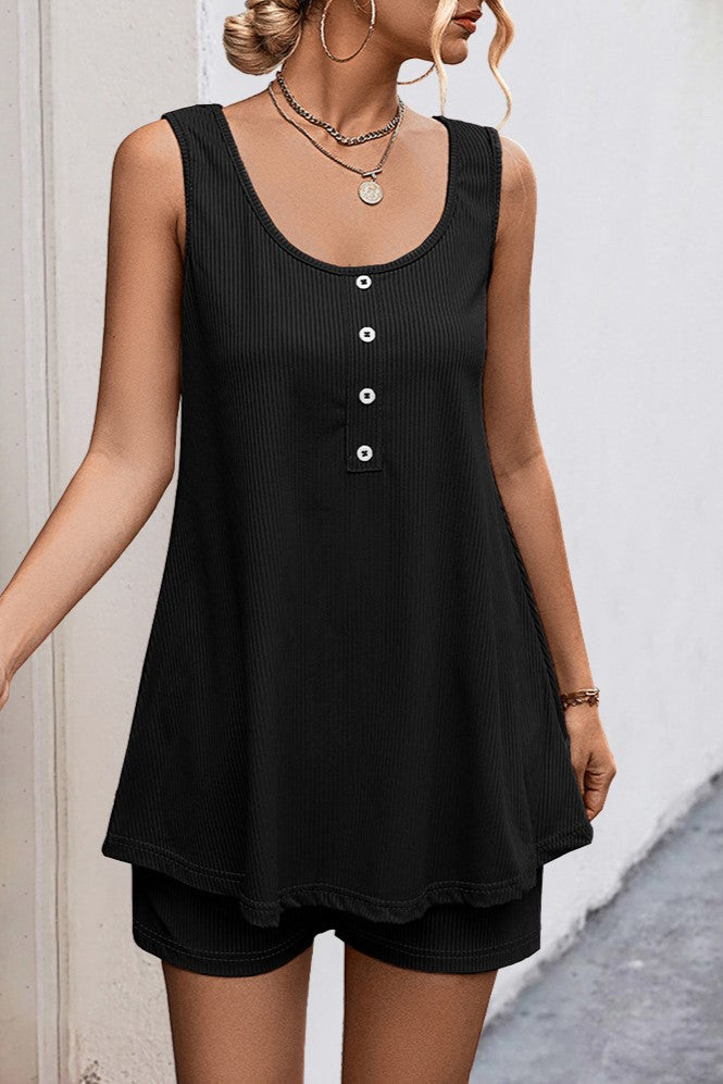 Button Placket Swing Tank and Shorts Set - Black