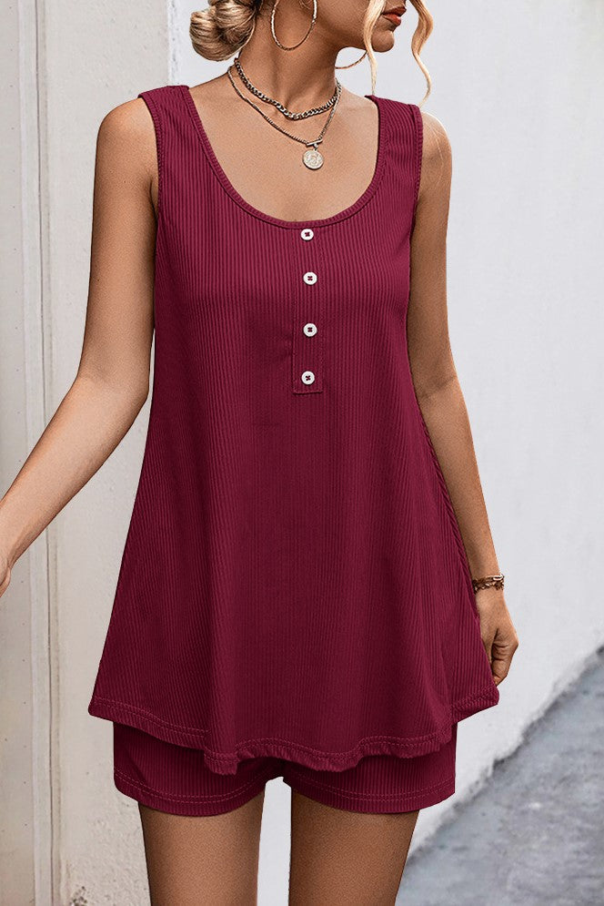 Button Placket Swing Tank and Shorts Set - Burgundy