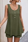Button Placket Swing Tank and Shorts Set - Olive