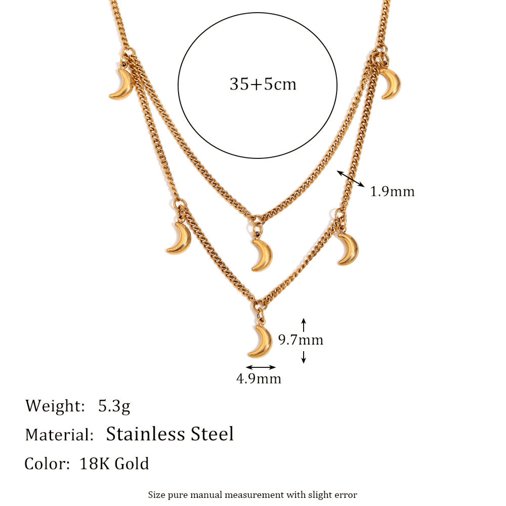 Layered Crescent Moon Charm Necklace - Gold
