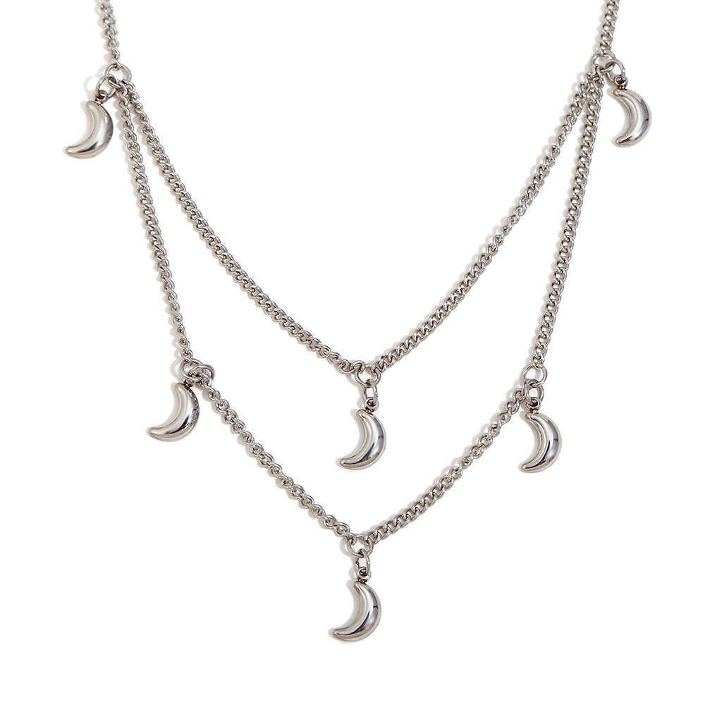 Layered Crescent Moon Charm Necklace - Silvery