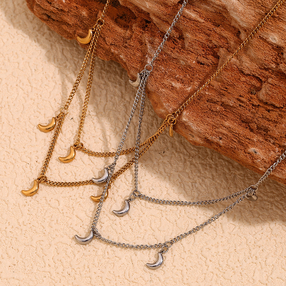 Layered Crescent Moon Charm Necklace - Silvery - 1